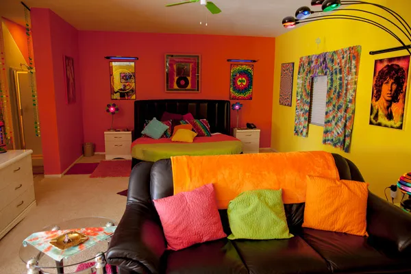 60's Bungalow full room view with disco ball and psychedelic colors