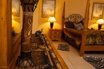 Safari Bungalow interior with African adventure decor